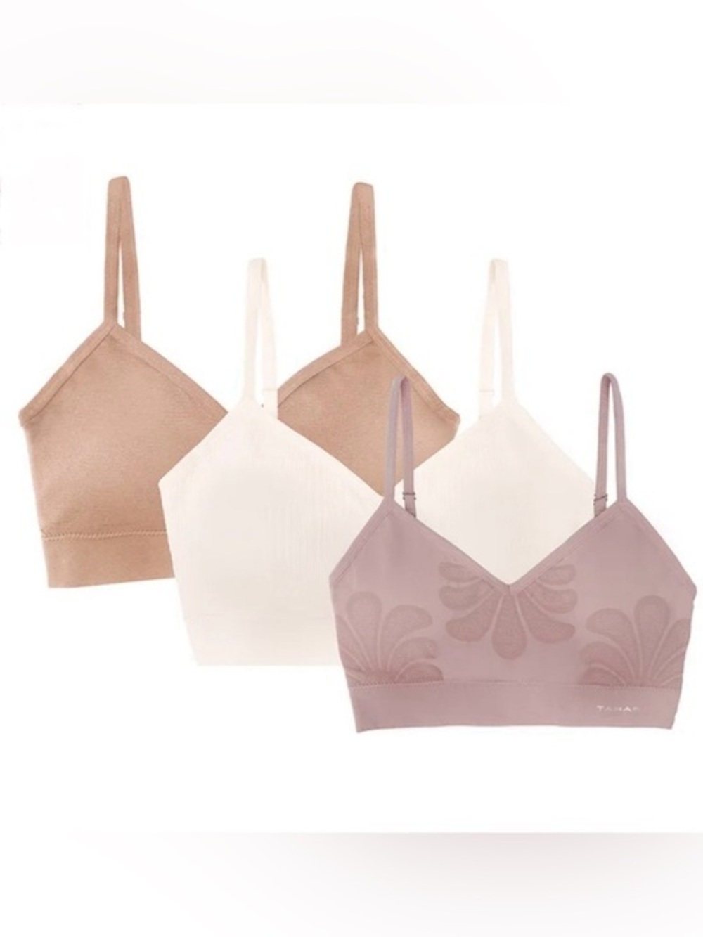 Tahari Seamless V-Neck Bralette Set in Nude, Cream & Mauve Size Small